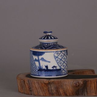 Chinese Ancient Antique Hand Make Blue And White Tea Caddy V3 F