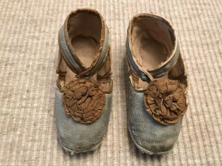 Antique Baby Blue Leather Shoes For Large Bisque German Doll