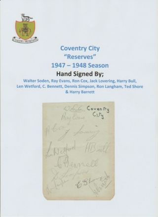 Coventry City Reserves 1947 - 48 Rare Autograph Book Page 11 X Signatures