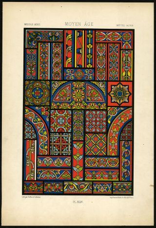 Antique Print - Design - Ornament - Middle Ages - Medieval - Xliv - Racinet - Ca.  1870