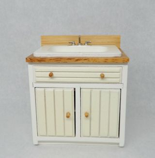 Vintage Kitchen Sink In White Cabinet Dollhouse Miniature 1:12
