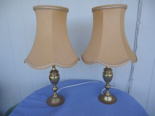 2 Vintage Antique Style Solid Brass Bedside Table Lamps Shades