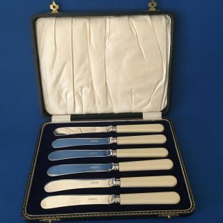 Vintage Boxed Set Of 6 Butter Knives Silver Plate Epns Case 1930s Era