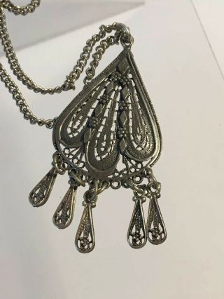 Antique Vintage Nouveau Sterling Silver Filigree Tassel Dangle Pendant Necklace