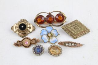 8 X Antique Brooches Inc.  Enamelled Pansy,  Gold Plated,  Paste Set