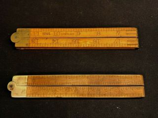 2 Vintage Antique Wood Brass Folding 24” Rulers; Stanley No.  61 & C - S Co.