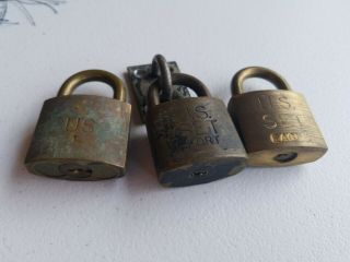 U.  S.  Set Brass Vintage Old Antique Padlocks Lock (no Key) Set Of 3