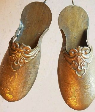 Antique Victorian Figural Brass Slipper Shoes Christmas Ornament Match Holder
