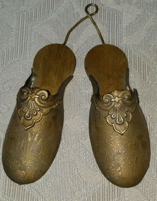 Antique Victorian Figural Brass Slipper Shoes Christmas Ornament Match Holder 2