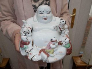 Vintage Chinese Porcelain Laughing Buddha 5 Children In Lovely