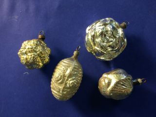 4 Antique Vintage Mercury Glass Christmas Ornaments: Silver Roses,  Tulip,  Bumpy