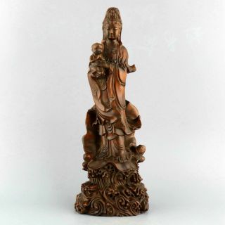 Collect Old Boxwood Hand - Carved Guan Yin & Fairy & Lotus Leaf Auspicious Statue