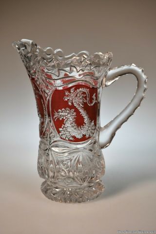 Rare C.  1950s Dragon By Hofbauer Crystal Co.  Germany Ruby Stained Water Pitcher