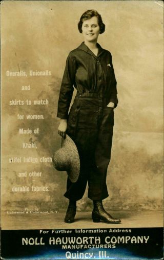 Antique 1900 Rppc Postcard Trade Card Quincy Illinois Woman Overalls & Clothing