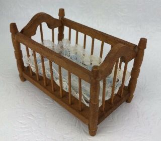 Vintage Dollhouse Miniature Baby Crib Wooden Hand Crafted Lace Bedding