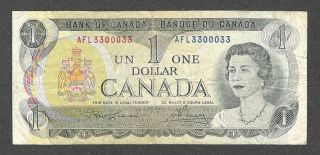 1973 Radar $1.  00 3300033 Rare Two Digit Key Bank Of Canada Qeii One Dollar
