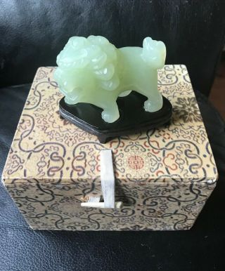 Small Vintage Chinese Foo Dog Lion With Stand And Box Looks Like Jade