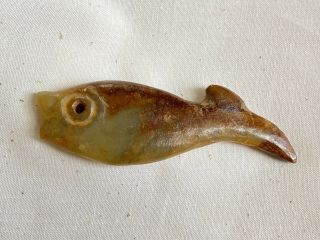 Vintage Chinese Green Jade Fish Shape Pendant Archaic Shang Dynasty Style