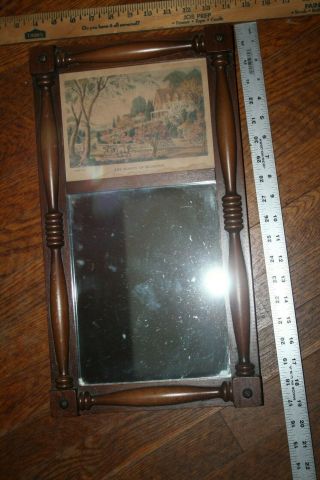 Antique Walnut Framed Mirror With Currier And Ives Lithograph