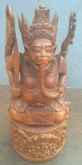 Vintage Wood Hindu Deity God Ganesh Elephant Head Statue Figure