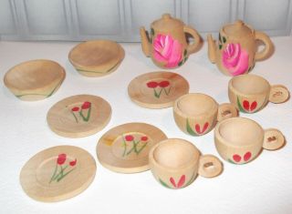 Vintage (14) Pc Wooden Doll House Hand Painted Tea Pots,  Plates,  Cups,  Bowls