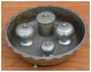 Vintage Middle Eastern Cast Metal A Set Of 4 Cups With Lids In A 3 Footed Tray.