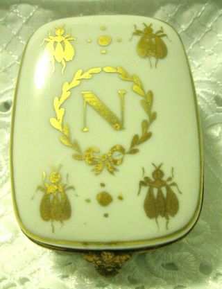 Antique French Trinket Jewelry Box Napoleon Bees Paris Porcelain Gilded Gold