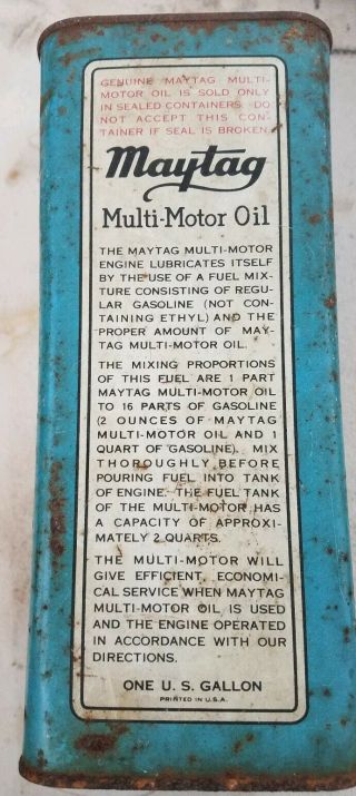 Vintage Maytag Multi - Motor Oil & Gas Fuel Mixing Can/Tin Rare Quart 3 3