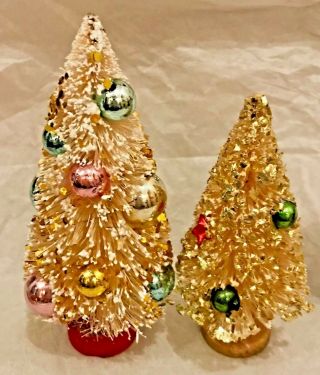 Antique Vtg 4 " & 5 " Gold Flecked Cream Bottle Brush Trees Glass Bead Ornaments