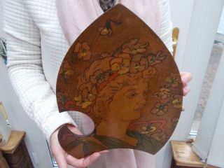 Lovely Art Nouveau Wooden Poker Work Wall Plaque Pretty Young Maiden
