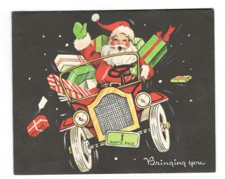 Vintage Christmas Greeting Card Santa Claus Antique Car Presents 1950 
