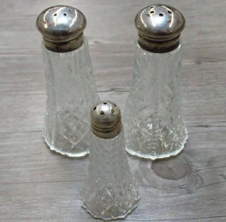 Set Of 3 Sterling Silver Capped Salt Pepper Shakers Clear Glass Vintage