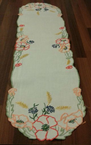 Vintage White Cotton And Embroidered Floral Table Runner