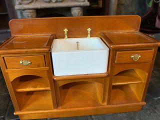 Miniature Dollhouse Artisan Wood Farm Dry Cabinet Deep Center Sink Brass Plug