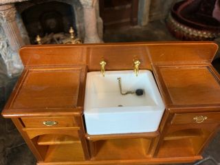 Miniature Dollhouse Artisan Wood Farm Dry Cabinet Deep Center Sink Brass Plug 2