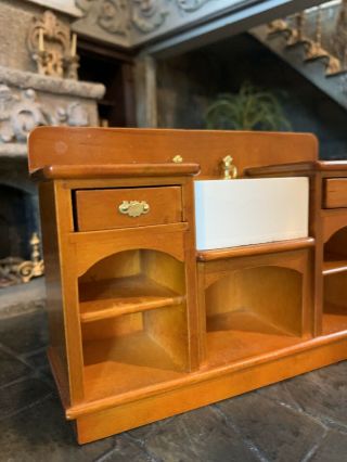 Miniature Dollhouse Artisan Wood Farm Dry Cabinet Deep Center Sink Brass Plug 3