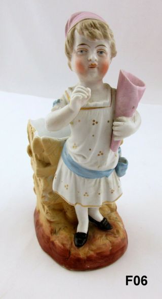 Antique German Bisque Figurine Girl Vase W\ Flower Holder F06