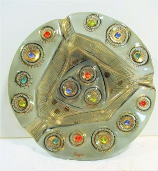 Old Higgins Mid Century Mod Art Glass Bejeweled & Gilded Ash Tray