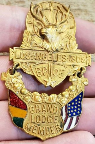 Rare Vintage 1909 Los Angeles Bpoe Elks Grand Lodge Member Enameled Medal Badge