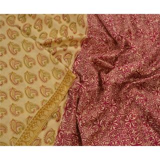 Sanskriti Vintage Cream Saree 100 Pure Silk Printed Indian Sari Craft Fabric