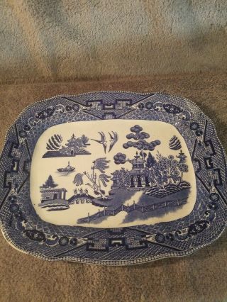 Antique 1908 Buffalo Pottery Semi - Vit Flow Blue Willow Platter 11 " × 9 "