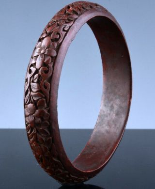 Rare Antique Chinese Carved Cinnabar Lacquer Bangle Bracelet Qing Dynasty