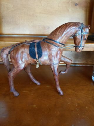 Handmade Antique Leather Horse Collectible Figurine Statue W/saddle 12.  5 " X14 "