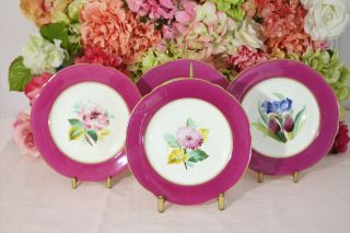, Antique English Porcelain Dessert Plates (4) Hand Painted,  Magenta