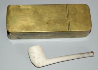 Vintage / Antique Clay Pipe In Brass Holder / Stand / Box.