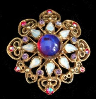 Rare Vintage Florenza Dragons Breath Glass Fire Opal Rhinestone Pin/brooch,  Fjt