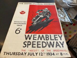 Wembley Lions V Wimbledon Dons - - - Speedway Programme - - 12th July 1934 - - Rare