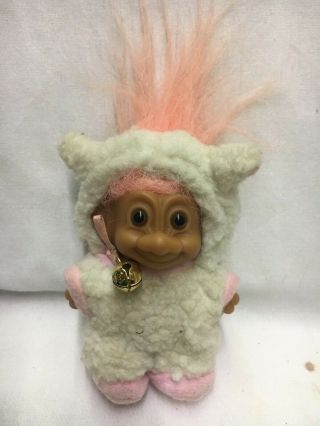 Vintage Russ Berrie 4 " Troll Doll W/ Pink Hair In Sheep Suit Costume Easter Item