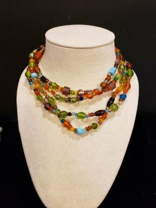 Antique Colorful Glass Bead 60 " Long Necklace,  Gorgeous Multi - Colors & Shapes
