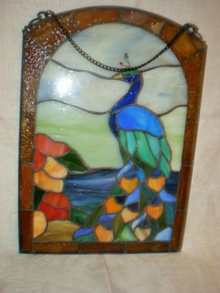 Tiffany Style Stained Glass Window Panel Peacock Design